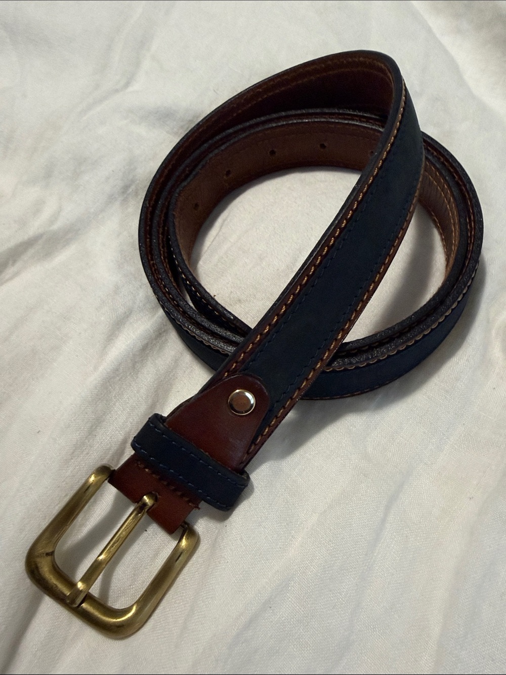 Italian Men's Navy and Brown Leather Belt with Brass Buckle